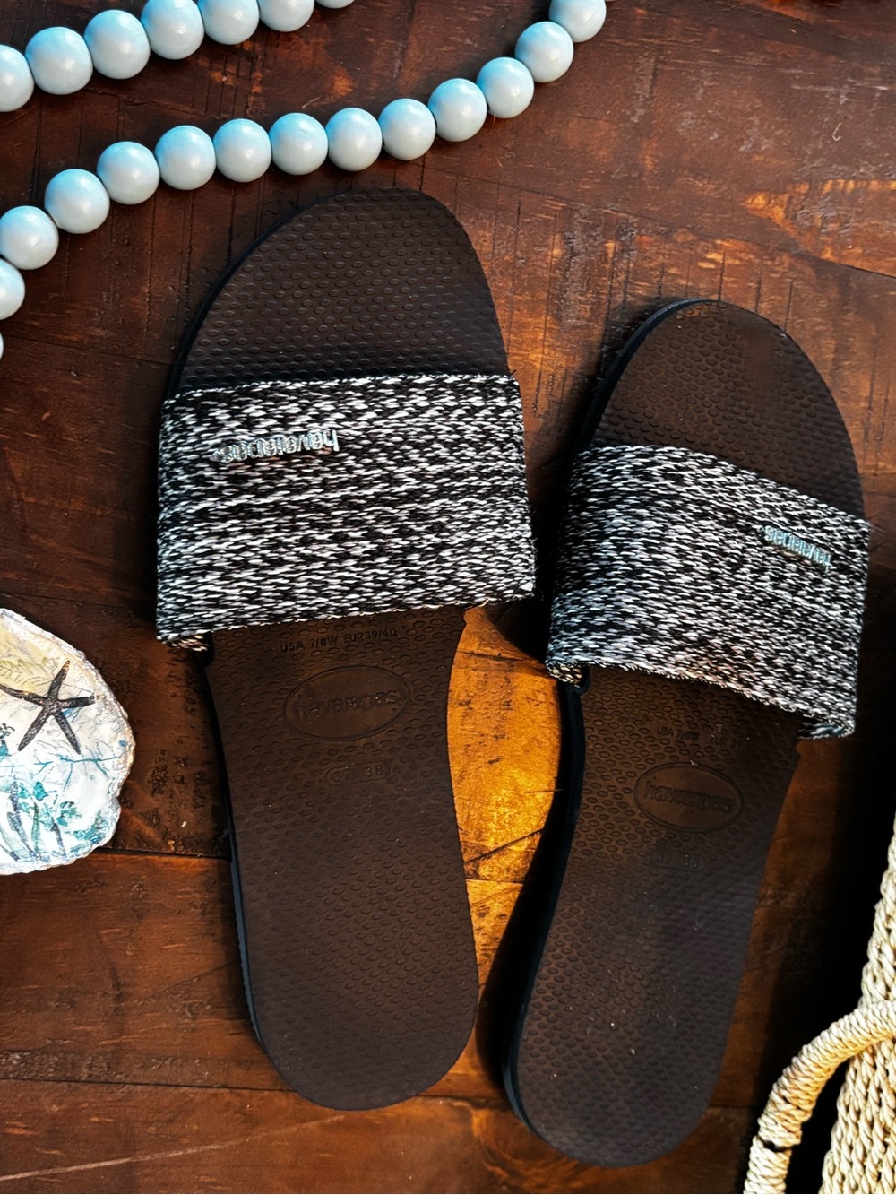 Havaianas Black Grey Blue Knit Slide Sandals for Women size 7.5 Beach Slides